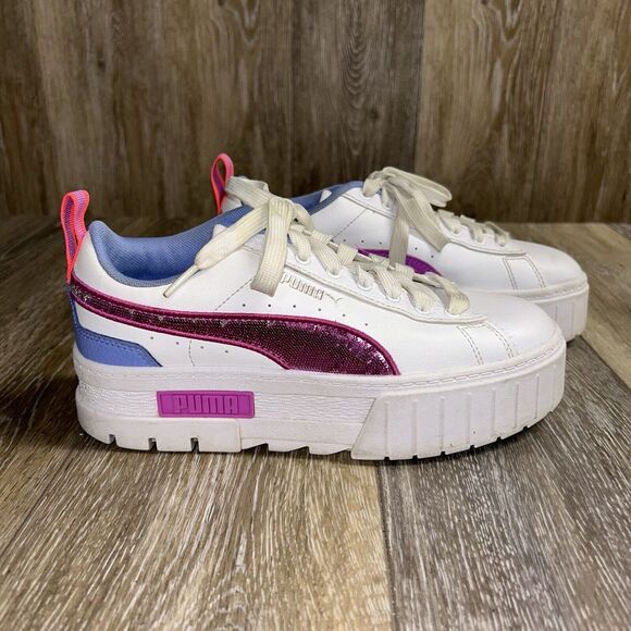 Puma Mayze Glitz Girls Youth US Size 5 Platform 385142-01 Shoes White Pink Blue - Picture 1 of 11